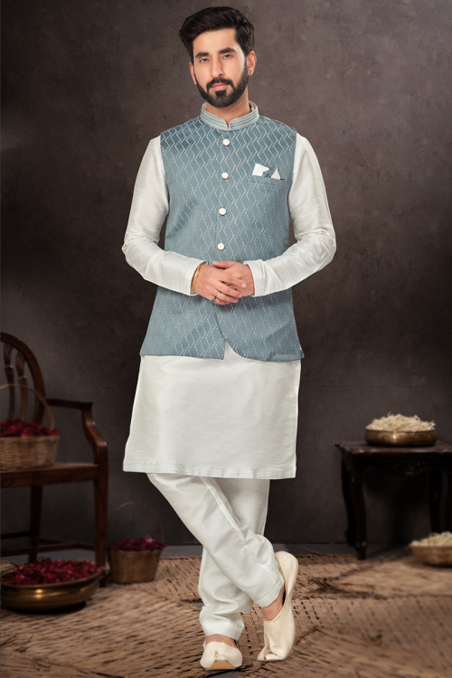 Off White Dupion Silk Men's Kurta Pajama With Woven Zari Jacket