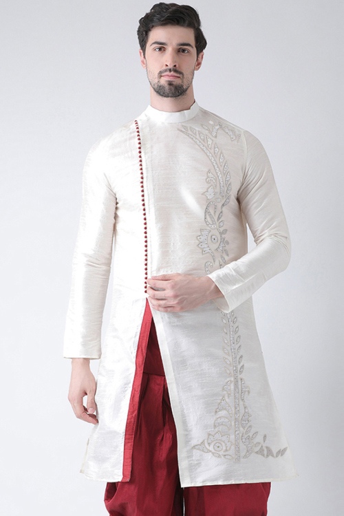 Off-White Dupion Silk Patch Embroidered Men's Kurta