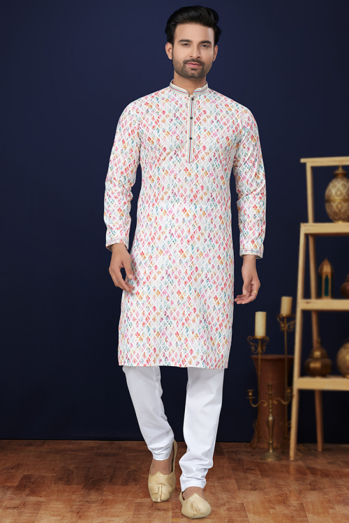Off White Embroidered Cotton Straight Cut Men's Kurta Pajama