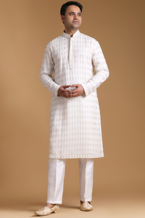 Off White Embroidered Georgette Men&#039;s Straight Cut Kurta Pajama