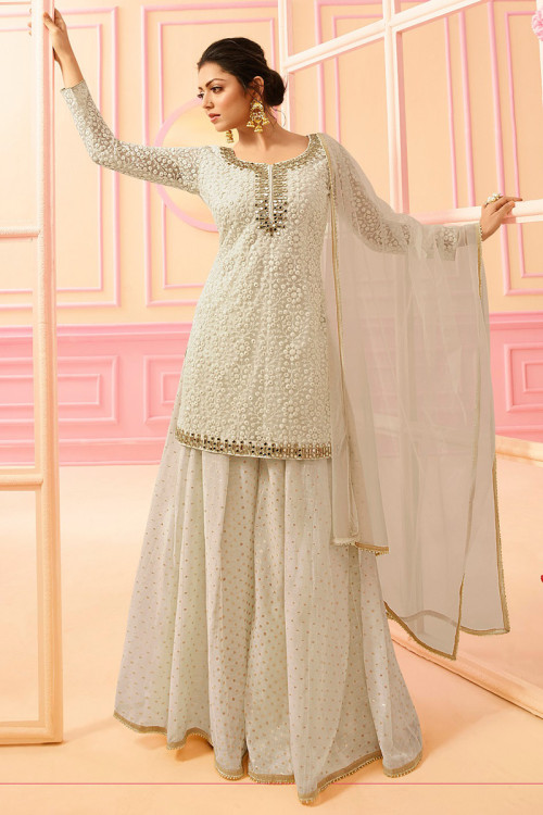 Off White Embroidered Georgette Straight Cut Sharara Suit 