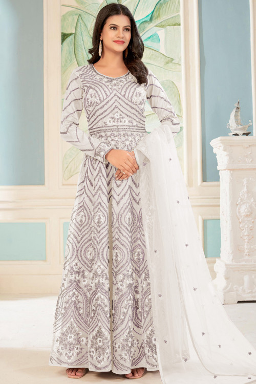 Off White Embroidered Net A-line Anarkali Suit