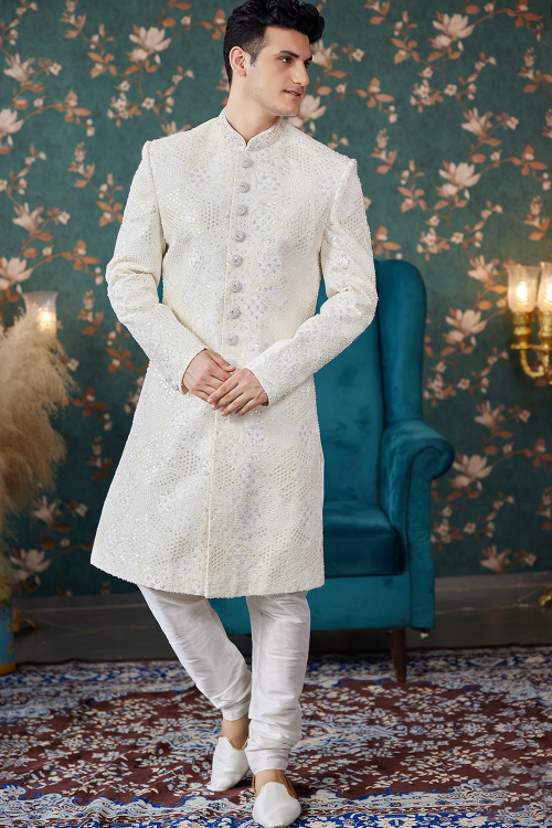 Off White Embroidered Silk Blend Jacket Style Men's Sherwani 
