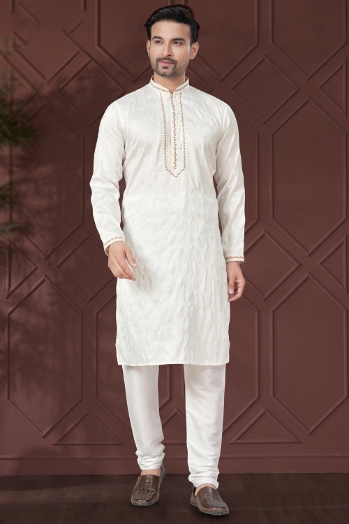 Off White Embroidered Silk Straight Cut Kurta Churidar