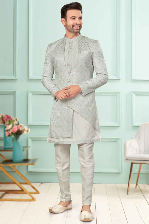 Off White Embroidered Wedding Wear Art Silk Men's Sherwani 