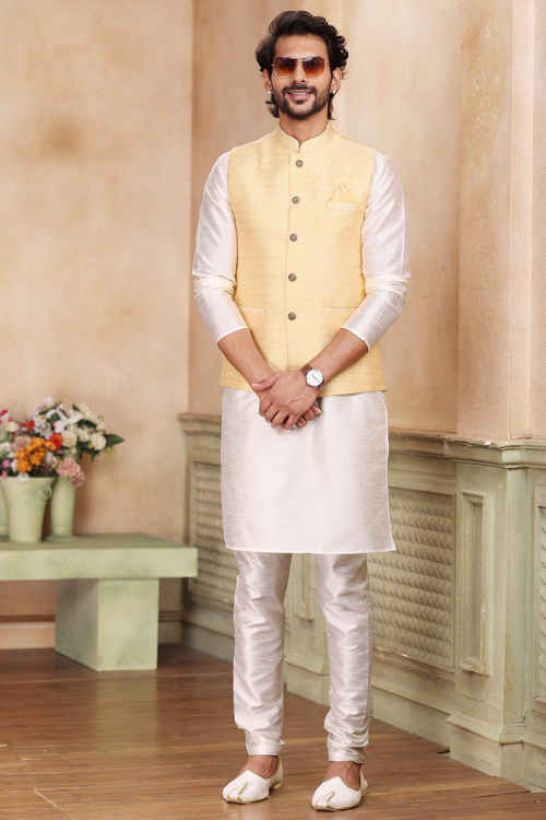 Ivory Ethnic Men's Kurta Pajama with Embroidered Waistcoat 