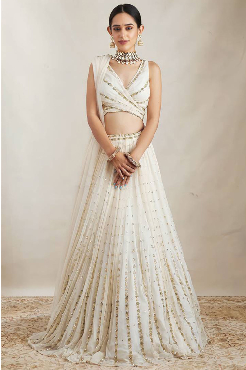 Off White Georgette Embroidered A Line Lehenga