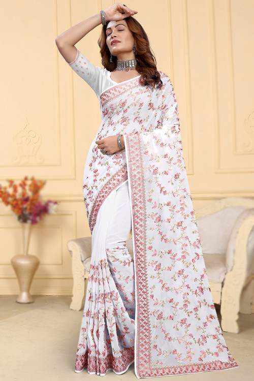 Off White Georgette Embroidered Casual Wear Lightweight Saree