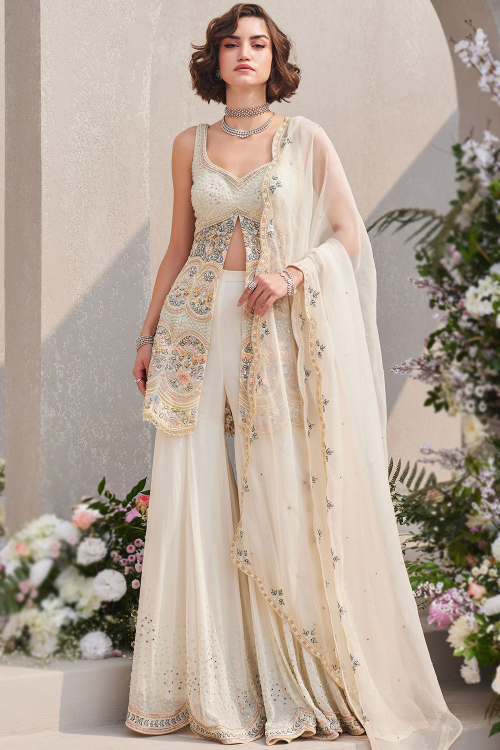 Off White Georgette Embroidered Indo Western Palazzo Suit