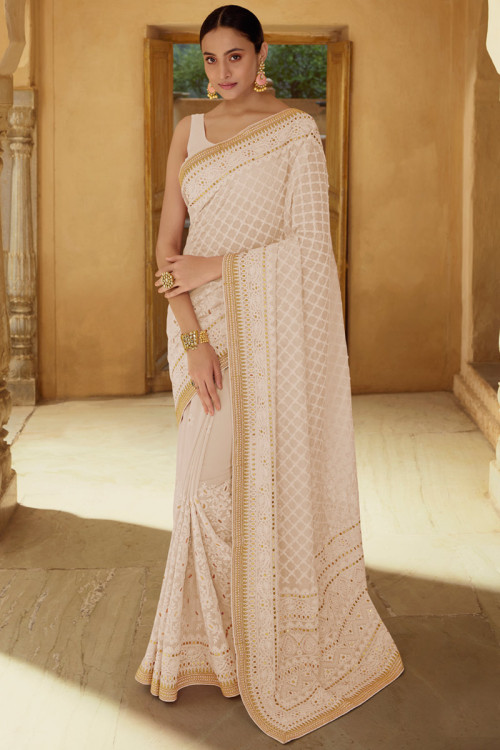 Off White Georgette Embroidered Party Wear Saree