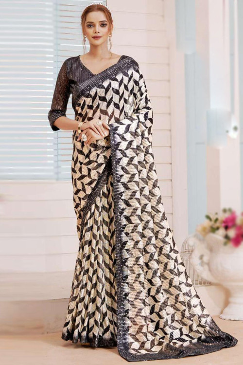Woven Saree in Georgette Off White for Party 