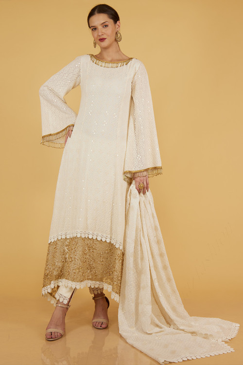 Off White Georgette Embroidered Eid Trouser Suit