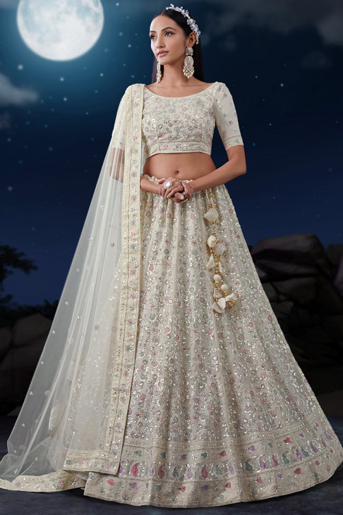 Off White Georgette Embroidered Wedding Wear Lehenga