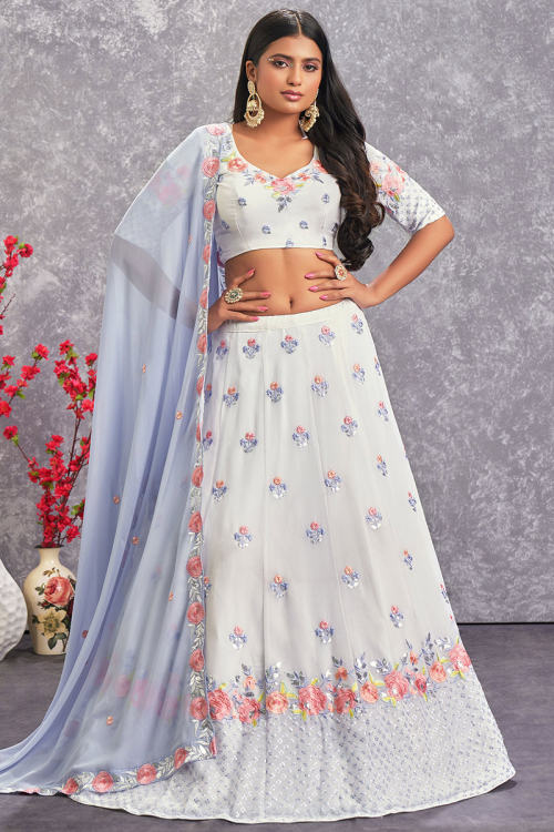 Off White Georgette Floral Sequins Embroidered Lehenga