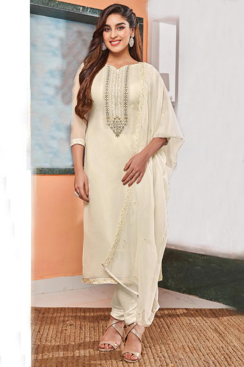 Off White Georgette Indian Churidar Suit.