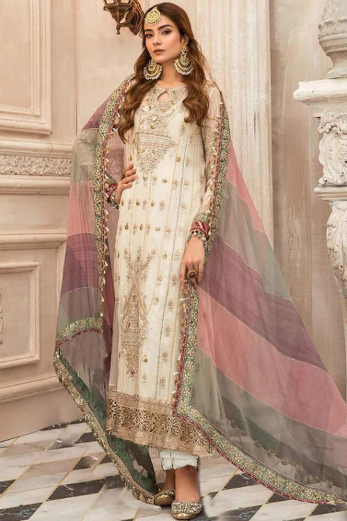Off White Georgette Party Wear Churidar Suit With Zari Work