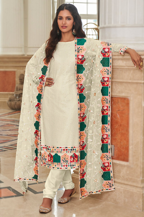 Off White Georgette Straight Cut Churidar Suit