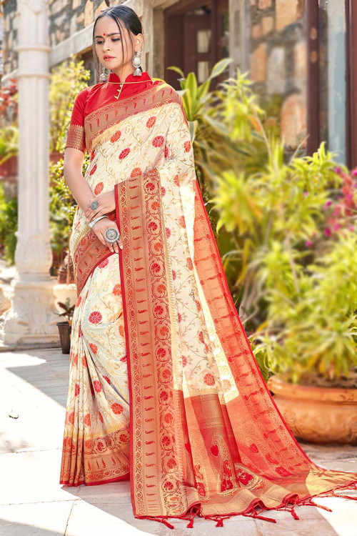 off white indian banarasi silk saree with woven zari work sarv118532 1