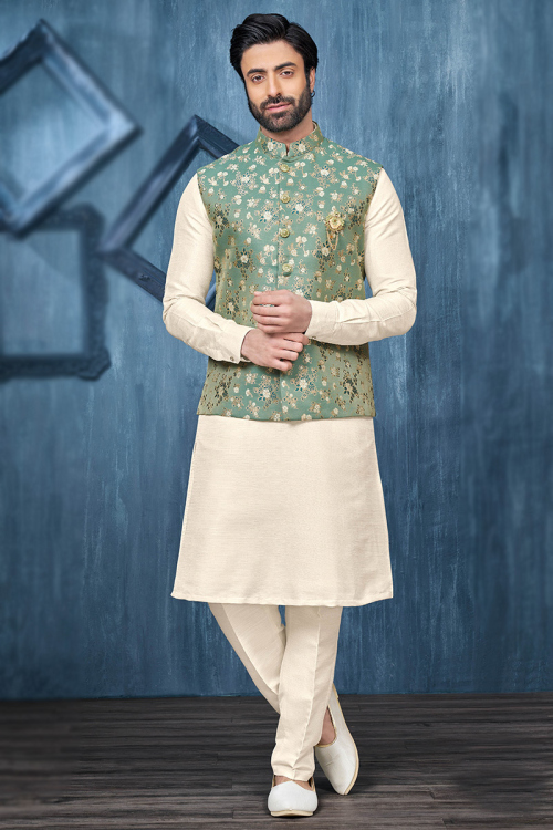 Off White Jacket Style Art Silk Men Kurta Pajama for Sangeet