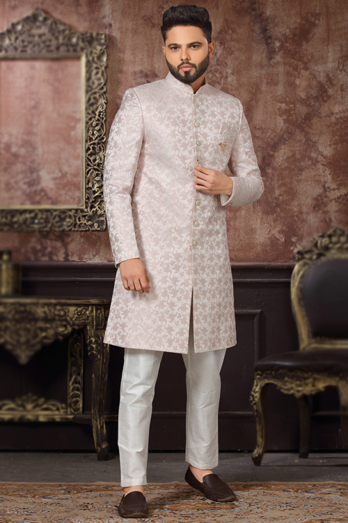 Ivory Jacquard Straight Cut Men's Sherwani