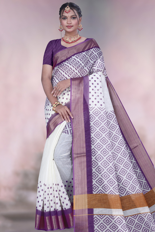 Off White Light Weight Linen Saree with Printed Work