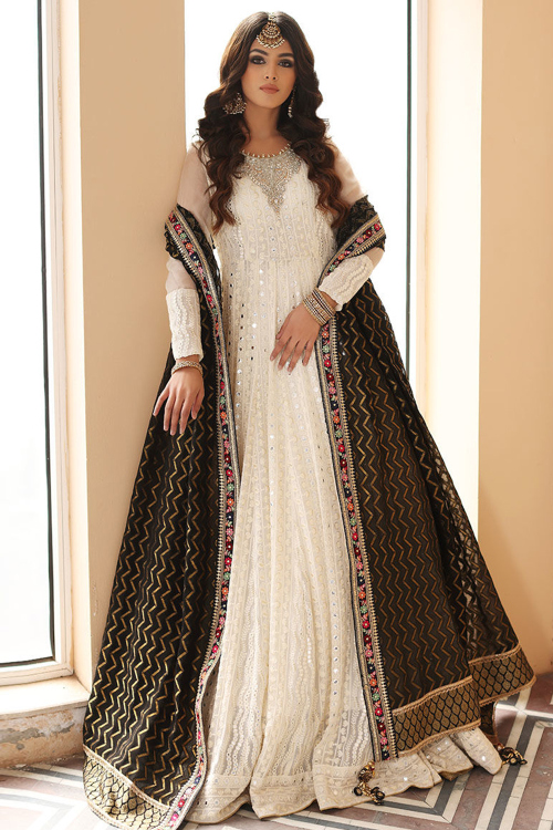 Off White Net Embroidered Anarkali Suit