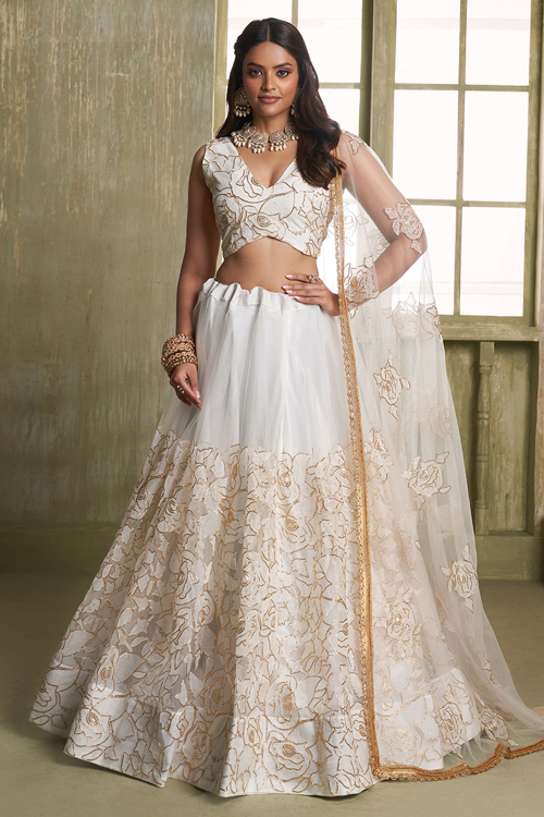 Off White Net Embroidered Flared Style Lehenga 