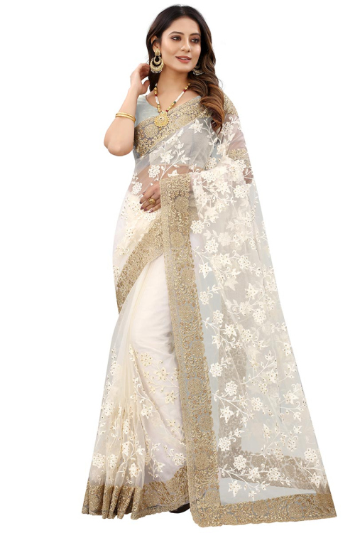 Ivory Net Resham Embroidered Saree