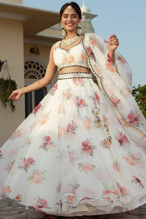 Ivory Organza Floral Print Flared Style Lehenga 
