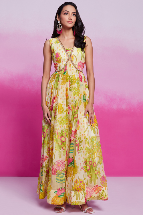 Off White Organza Kurti With Sequins Work For Party Wear