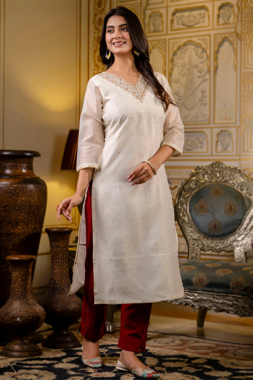 Off White Organza Kurti With Woven Zari Work For Festival