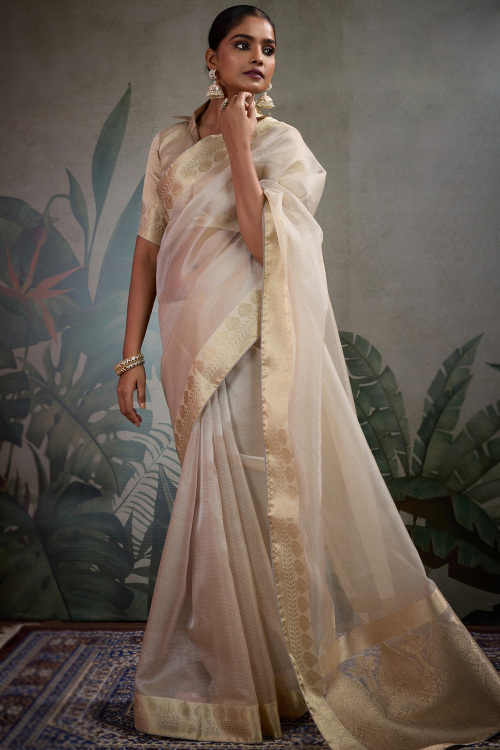 Off White Organza Woven Zari Saree For Festival