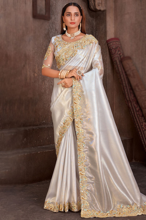 Off White Organza Zari Embroidered Saree