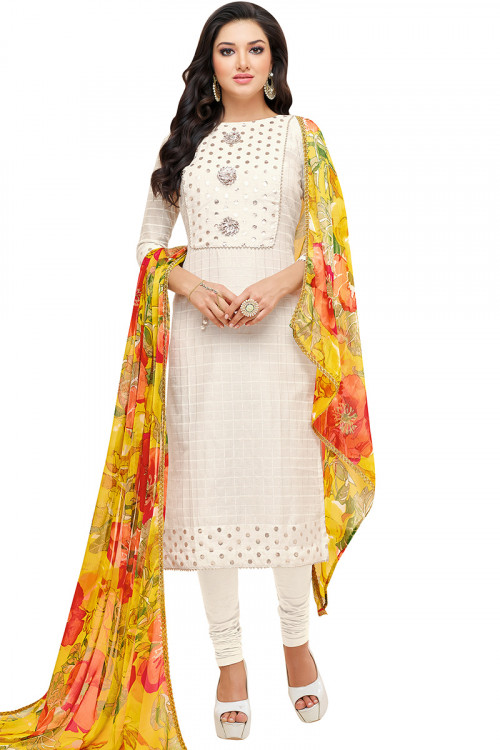 Off White Patch Embroidered Cotton Straight Cut Churidar Suit 