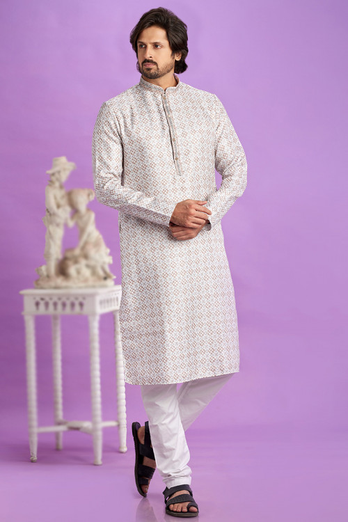 Off White Printed Cotton Men's Kurta With Churidar For Eid 