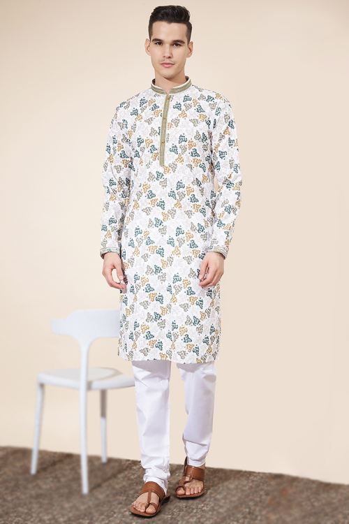 Off White Printed Cotton Straight Cut Kurta Pajama