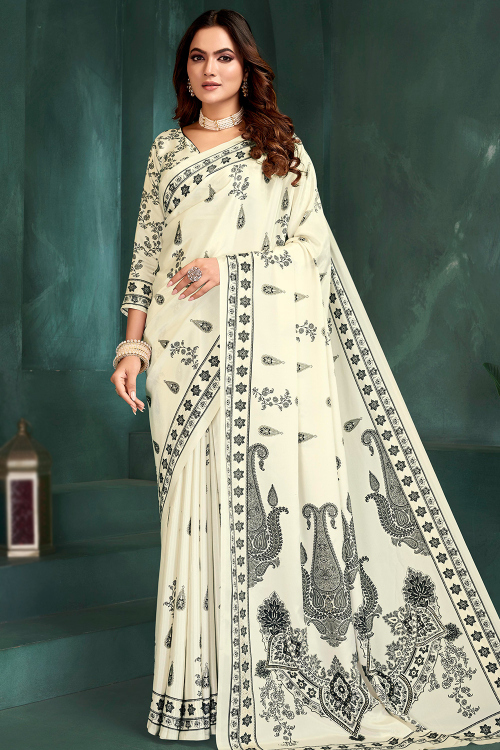 Off White Printed Crepe Casual Wear Saree
