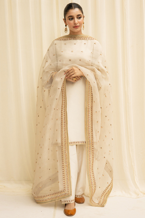 Off White Raw Silk Salwar Suit with Zari Embroidered