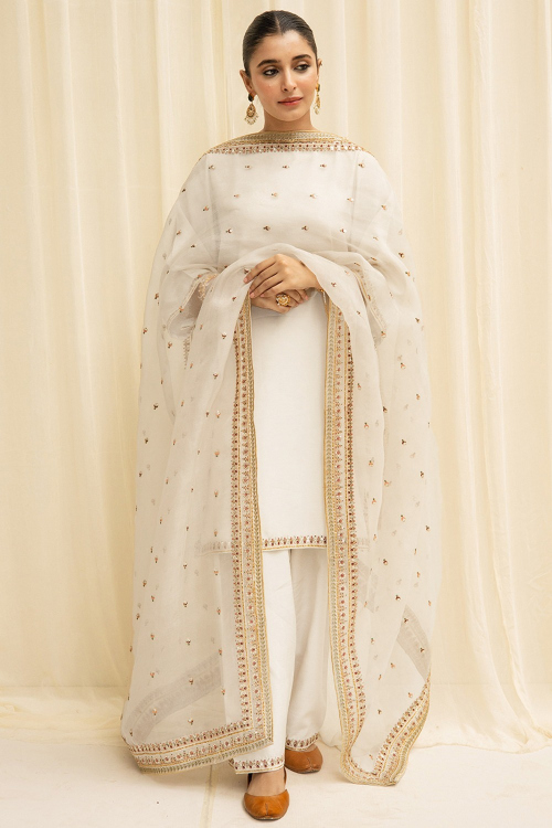 white embroidered dress india White Print Plunge Neckline Gown