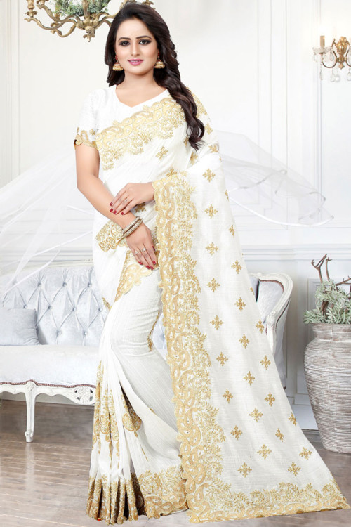 Off White Heavy Embroidery Work Georgette Saree – Organza Mall