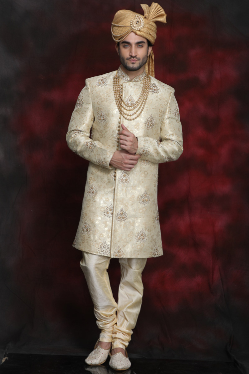 Off White Raw Silk Sherwani With Beads Work