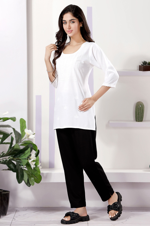 Off White Rayon Embroidered Short Kurti 