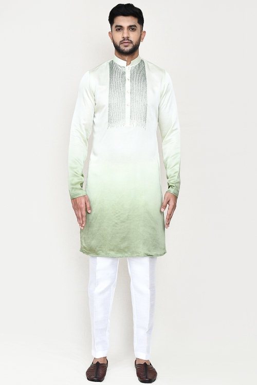 Off White Satin Embroidered Straight Cut Men's Kurta Pajama