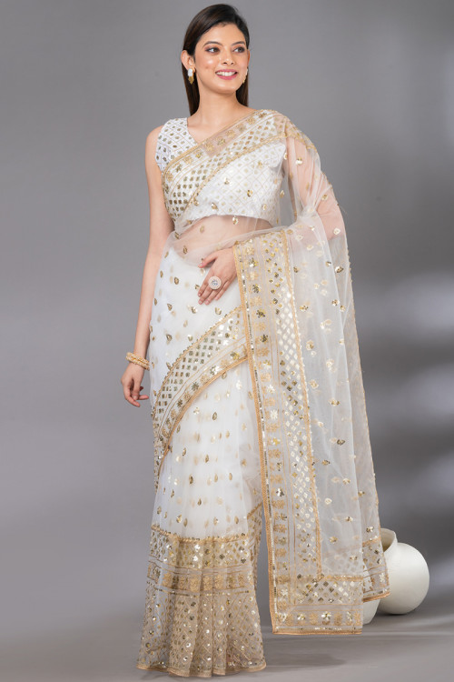 Off White Sequins Embroidered Party Wear Net Saree 