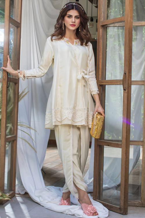Off White Silk Angrakha Style Trouser Suit
