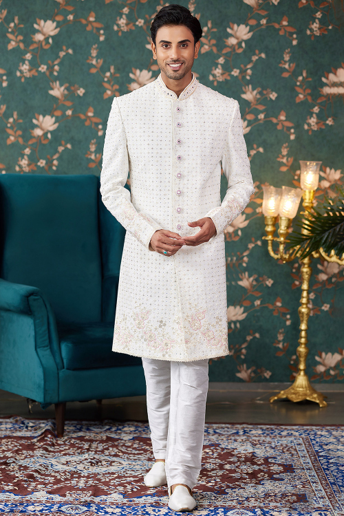 Off White Silk Blend Embroidered Jacket Style Men's Sherwani
