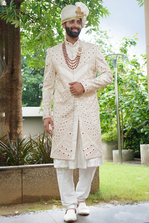Off White Silk Blend Embroidered Jacket Style Men's Sherwani