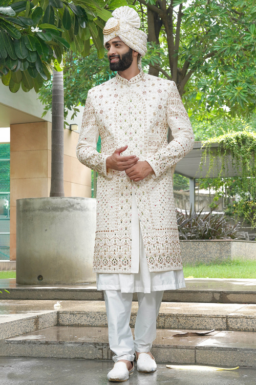 Off White Silk Blend Embroidered Jacket Style Men's Sherwani