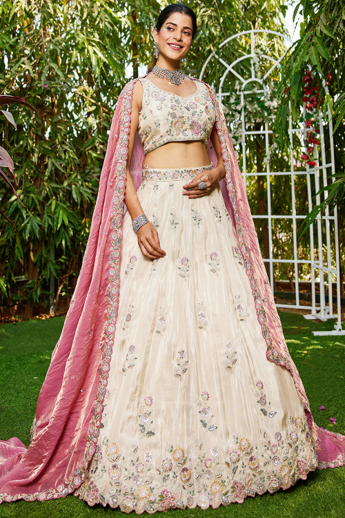 Off White Silk Blend Embroidered Lehenga For Wedding Wear