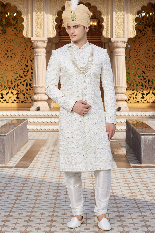 Off White Silk Blend Embroidered Ready Made Men's Sherwani